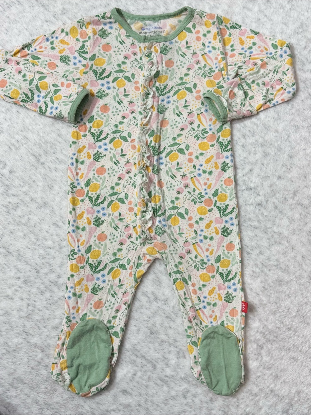Magnetic Me Garden Fruit Veggie Ruffle Footie Sleeper 3-6M Baby Girl Modal Bloom